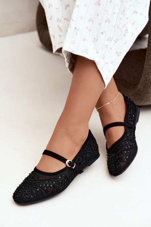 Ballerines en maille avec des fleurs brodées et des paillettes couleur noire Caletta