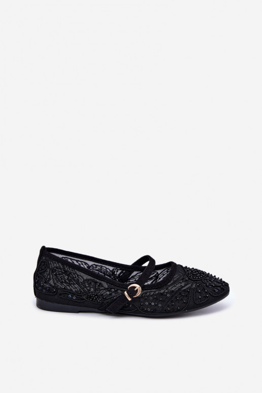 Ballerines en maille avec des fleurs brodées et des paillettes couleur noire Caletta