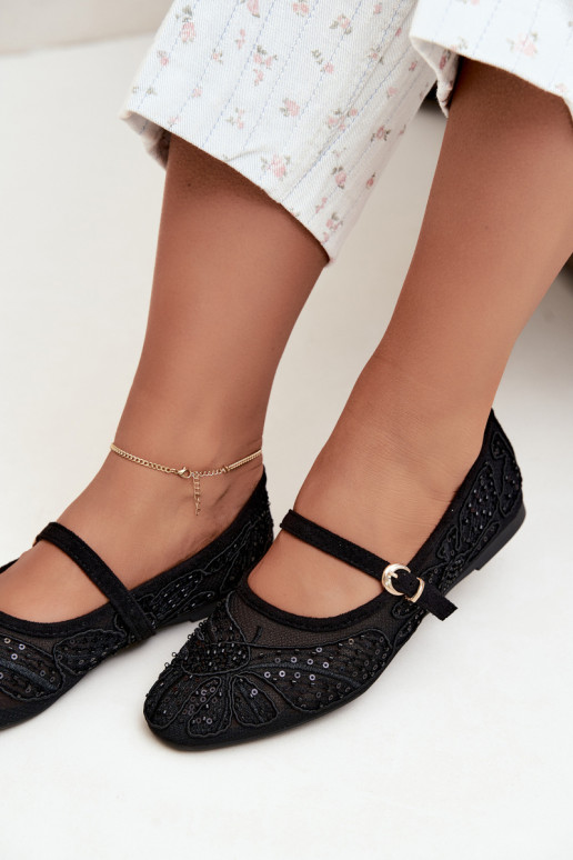 Ballerines en maille avec des fleurs brodées et des paillettes couleur noire Caletta