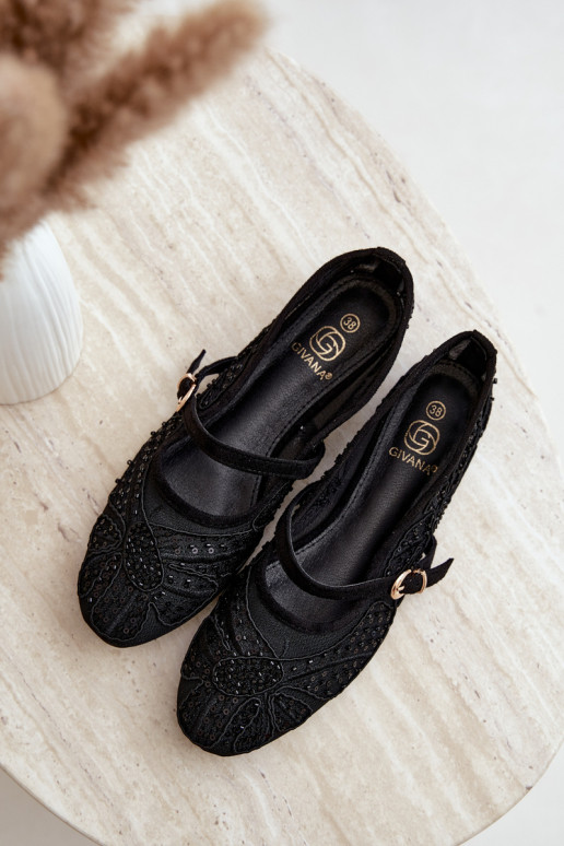 Ballerines en maille avec des fleurs brodées et des paillettes couleur noire Caletta