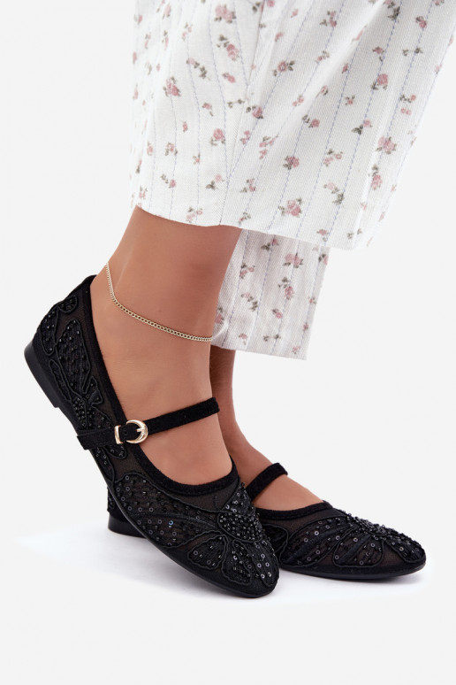 Ballerines en maille avec des fleurs brodées et des paillettes couleur noire Caletta