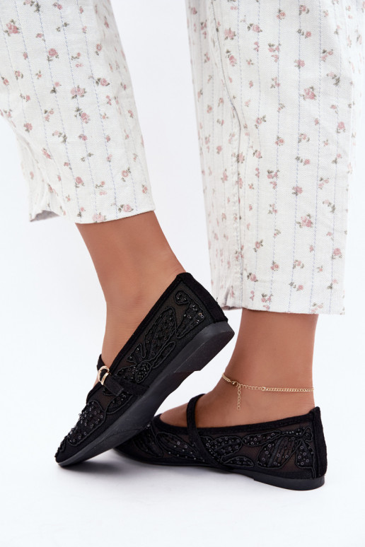 Ballerines en maille avec des fleurs brodées et des paillettes couleur noire Caletta