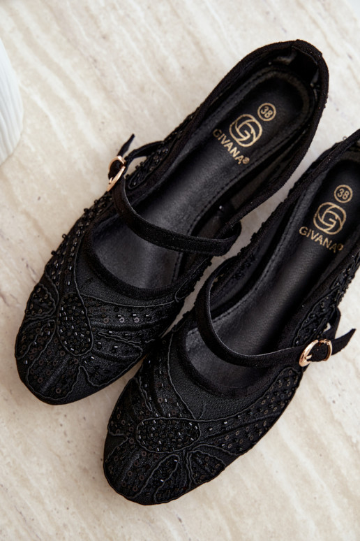 Ballerines en maille avec des fleurs brodées et des paillettes couleur noire Caletta
