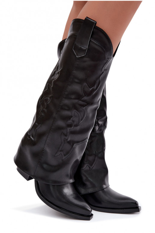 bottes hautes de style cowboy avec talons et choleika cousue en noir Terise