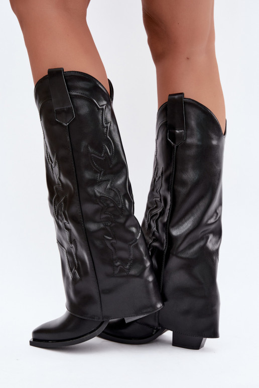 bottes hautes de style cowboy avec talons et choleika cousue en noir Terise