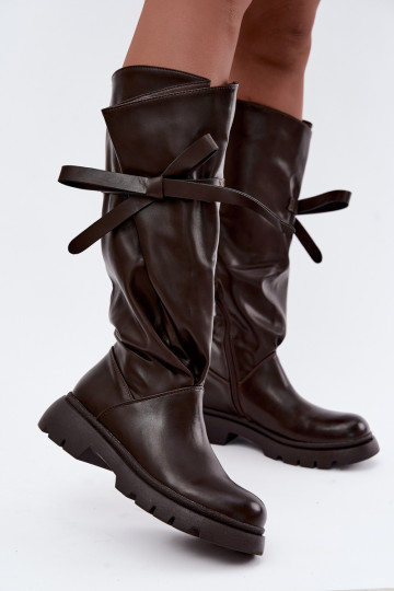 bottes hautes pour femmes avec talons larges et nœuds en couleur marron Amely 2