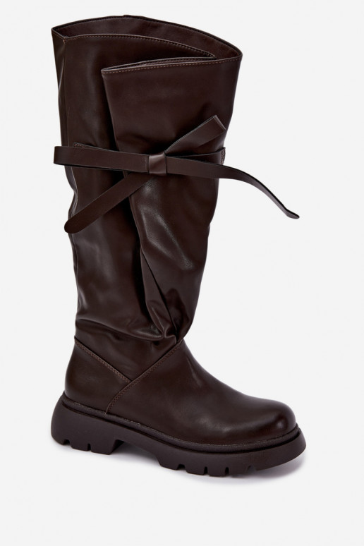 bottes hautes pour femmes avec talons larges et nœuds en couleur marron Amely