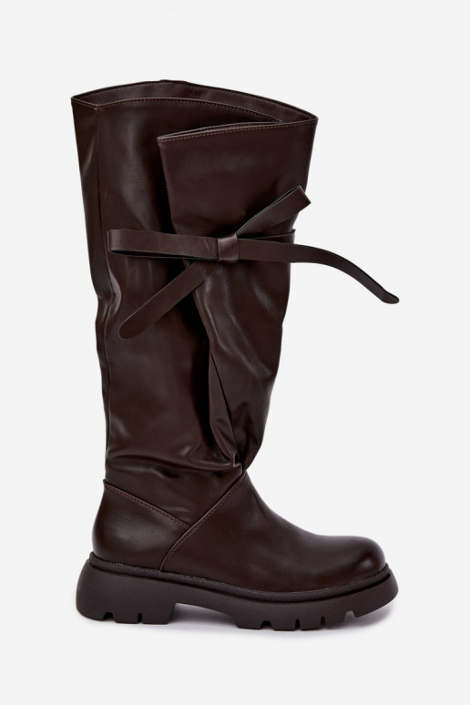bottes hautes pour femmes avec talons larges et nœuds en couleur marron Amely