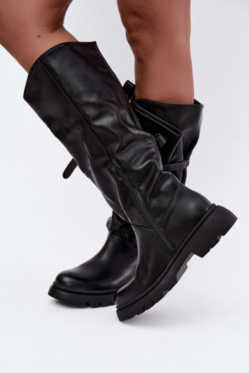 bottes hautes pour femmes avec talons larges et nœuds en couleur noire Amely