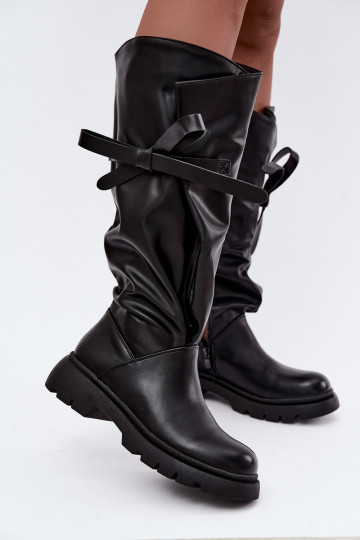 bottes hautes pour femmes avec talons larges et nœuds en couleur noire Amely 2