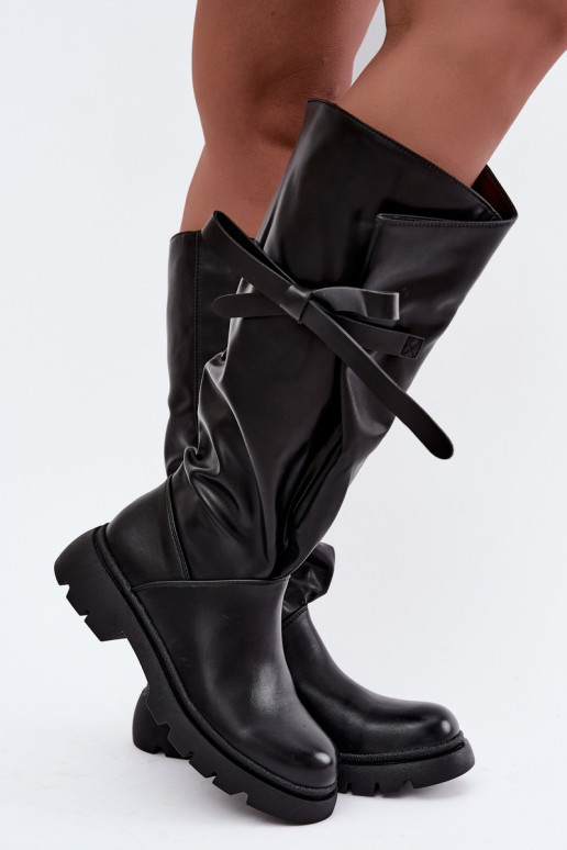 bottes hautes pour femmes avec talons larges et nœuds en couleur noire Amely
