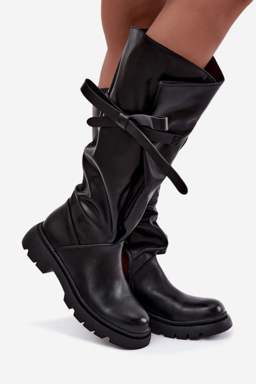 bottes hautes pour femmes avec talons larges et nœuds en couleur noire Amely
