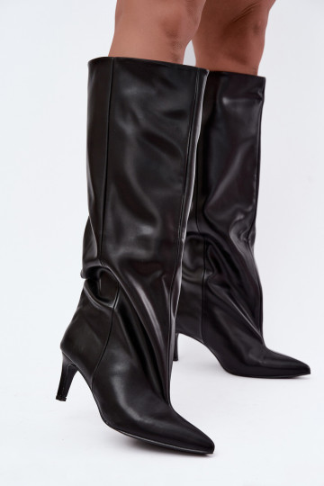 bottes hautes pour femmes à enfiler avec talons en simili cuir couleur noire Favra
