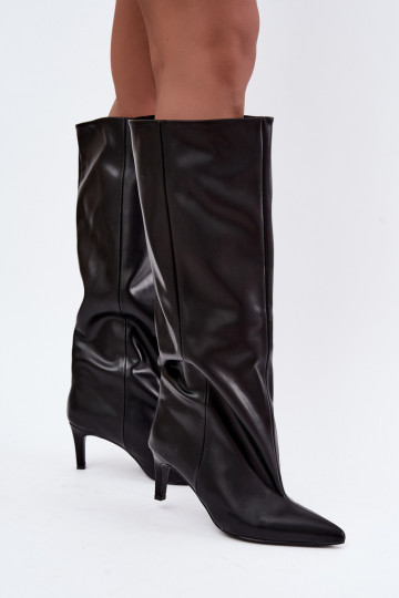 bottes hautes pour femmes à enfiler avec talons en simili cuir couleur noire Favra 2