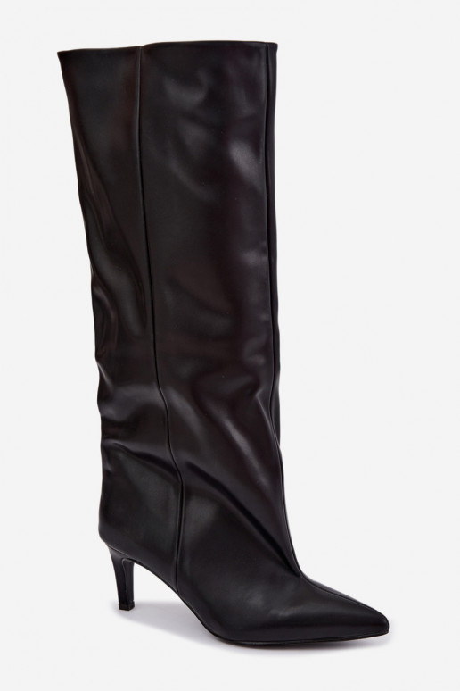 bottes hautes pour femmes à enfiler avec talons en simili cuir couleur noire Favra