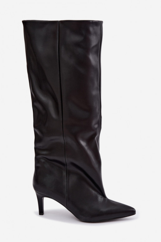 bottes hautes pour femmes à enfiler avec talons en simili cuir couleur noire Favra