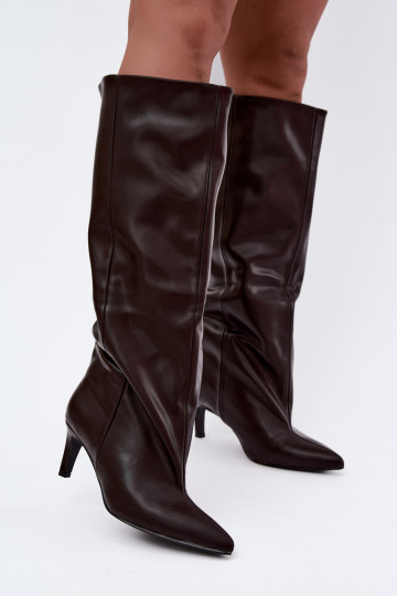 bottes hautes pour femmes à enfiler avec talons en simili cuir couleur marron Favra