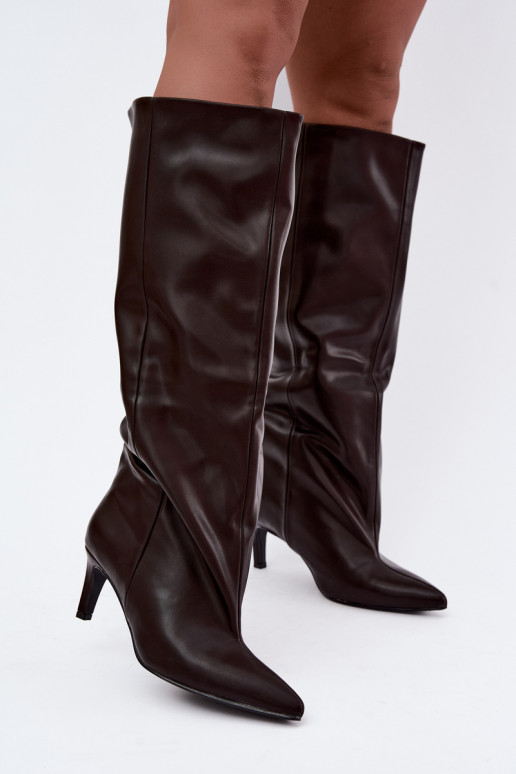 bottes hautes pour femmes à enfiler avec talons en simili cuir couleur marron Favra