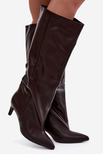 bottes hautes pour femmes à enfiler avec talons en simili cuir couleur marron Favra 2