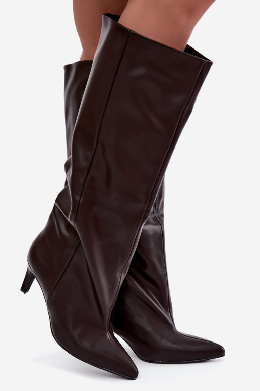 bottes hautes pour femmes à enfiler avec talons en simili cuir couleur marron Favra