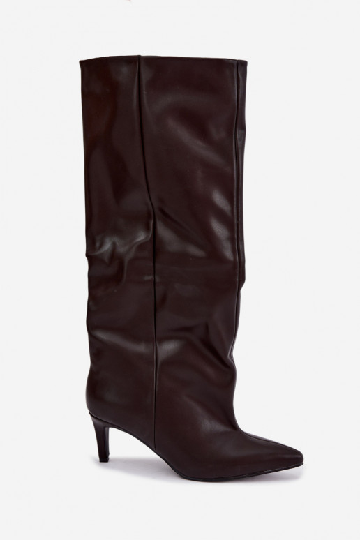 bottes hautes pour femmes à enfiler avec talons en simili cuir couleur marron Favra