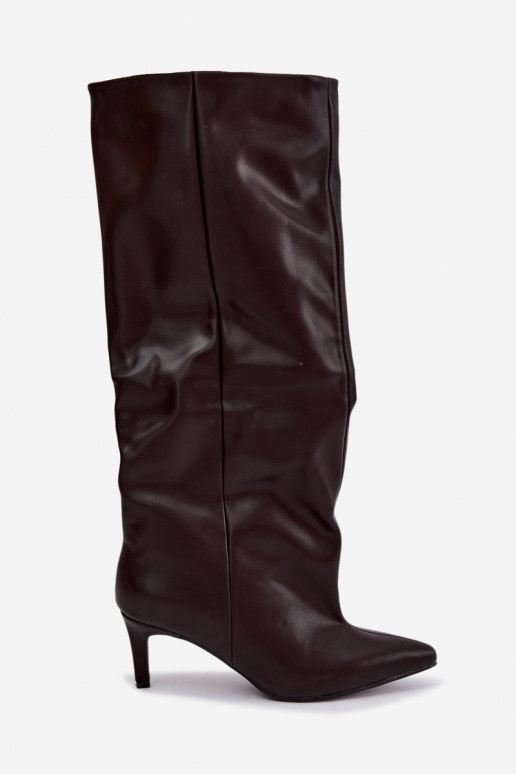 bottes hautes pour femmes à enfiler avec talons en simili cuir couleur marron Favra