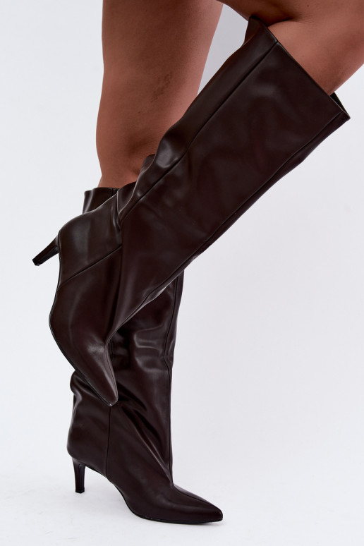 bottes hautes pour femmes à enfiler avec talons en simili cuir couleur marron Favra
