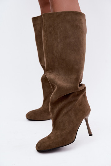 bottes hautes à enfiler pour femmes avec talons fins en couleur kaki Caliya