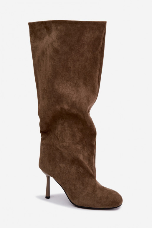 bottes hautes à enfiler pour femmes avec talons fins en couleur kaki Caliya