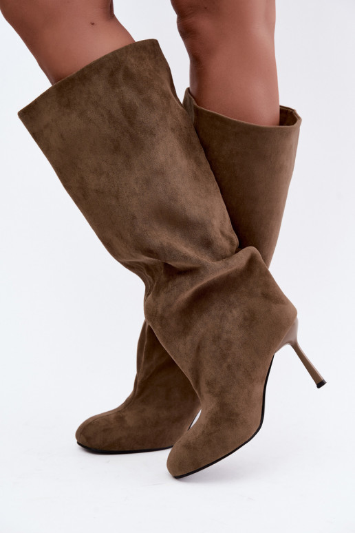bottes hautes à enfiler pour femmes avec talons fins en couleur kaki Caliya