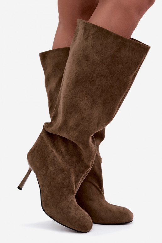 bottes hautes à enfiler pour femmes avec talons fins en couleur kaki Caliya