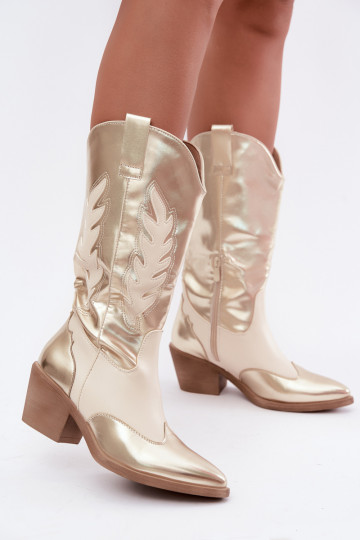 bottes hautes de style cowboy avec talons en couleur dorée