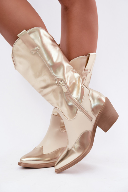 bottes hautes de style cowboy avec talons en couleur dorée