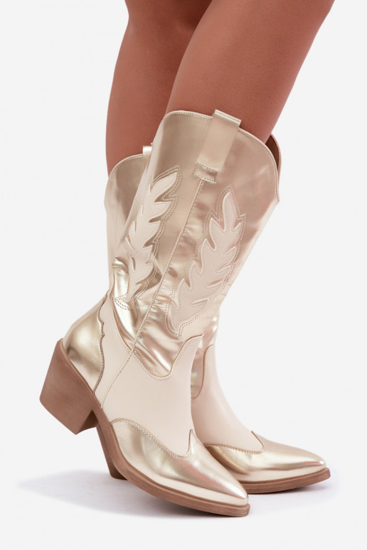 bottes hautes de style cowboy avec talons en couleur dorée