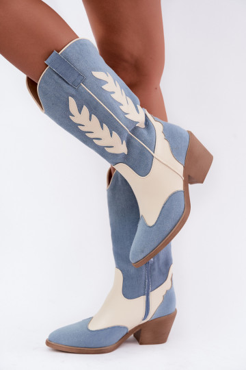 bottes hautes de style cowboy avec talons en denim couleur marron