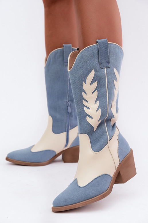 bottes hautes de style cowboy avec talons en denim couleur marron