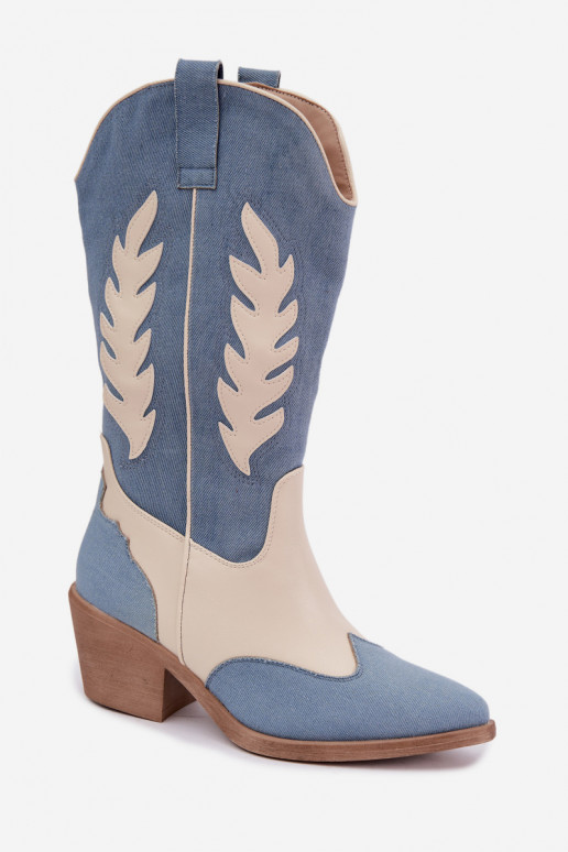 bottes hautes de style cowboy avec talons en denim couleur marron