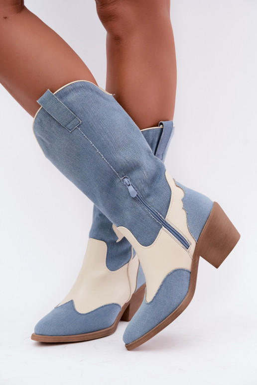 bottes hautes de style cowboy avec talons en denim couleur marron