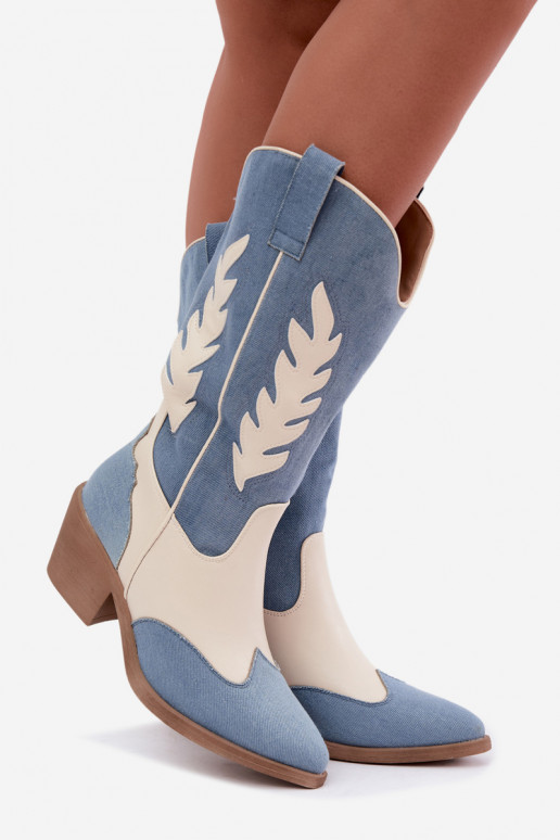 bottes hautes de style cowboy avec talons en denim couleur marron