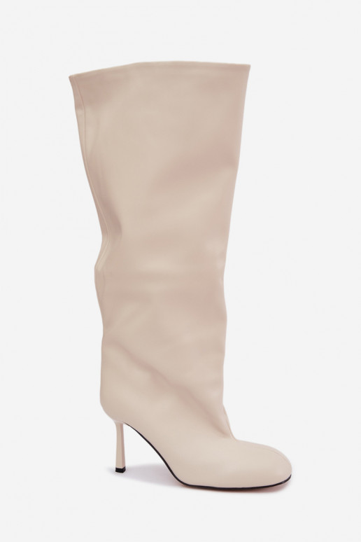 Bottes longues pour femmes à enfiler avec des talons fins en couleur ivoire Caliya