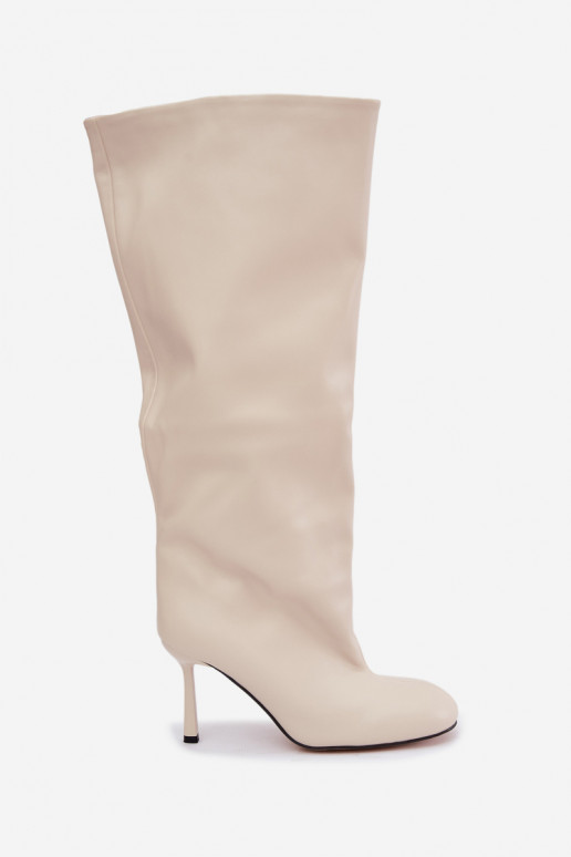 Bottes longues pour femmes à enfiler avec des talons fins en couleur ivoire Caliya