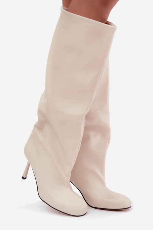 Bottes longues pour femmes à enfiler avec des talons fins en couleur ivoire Caliya