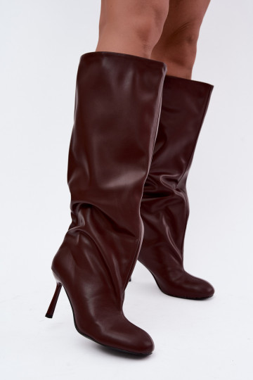 Bottes longues pour femmes à enfiler avec des talons fins en couleur bordeaux Caliya