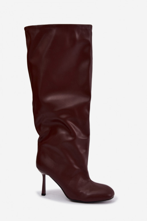 Bottes longues pour femmes à enfiler avec des talons fins en couleur bordeaux Caliya