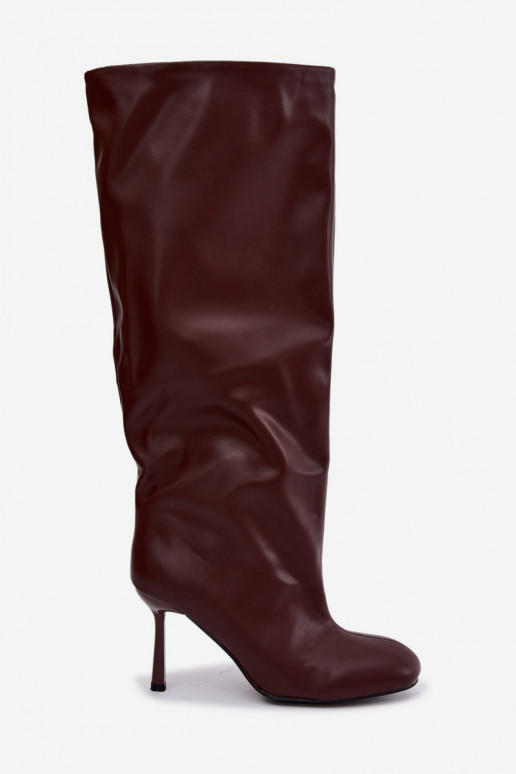 Bottes longues pour femmes à enfiler avec des talons fins en couleur bordeaux Caliya