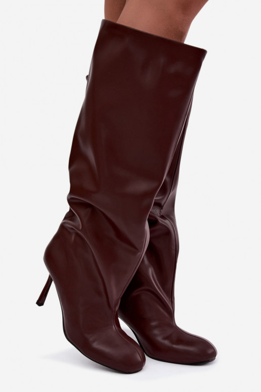 Bottes longues pour femmes à enfiler avec des talons fins en couleur bordeaux Caliya