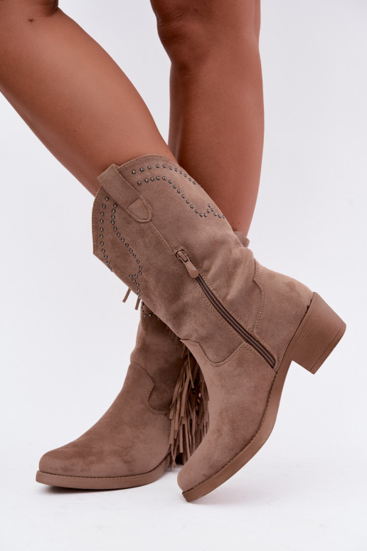 Bottines pour femmes de style cowboy avec des franges et des embellissements en couleur sable Perlia