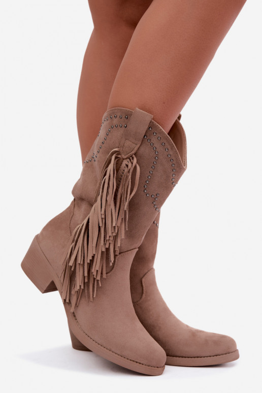 Bottines pour femmes de style cowboy avec des franges et des embellissements en couleur sable Perlia