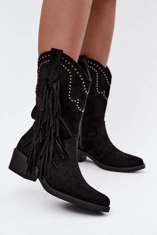Bottines pour femmes de style cowboy avec des franges et des embellissements en couleur noire Perlia