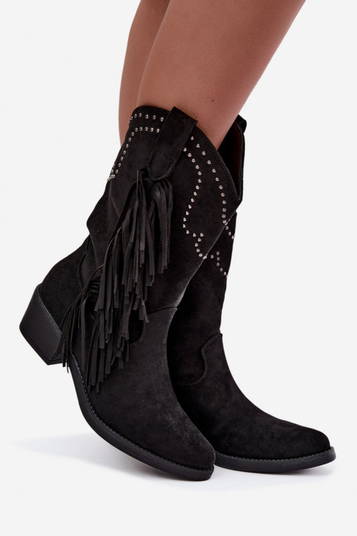 Bottines pour femmes de style cowboy avec des franges et des embellissements en couleur noire Perlia